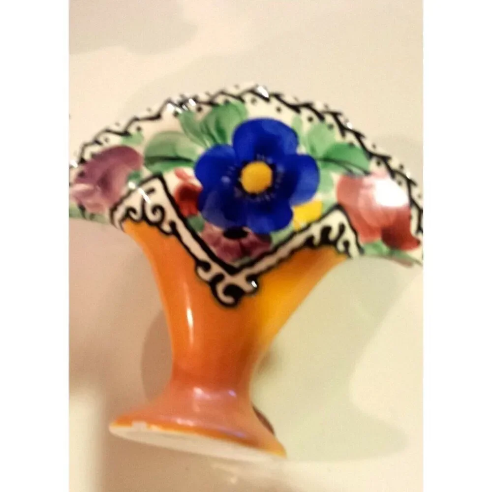 Vintage Art Deco Ceramic Fan Vase Hand Painted Yellow Blue Floral 7.5